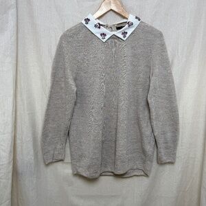 J. Crew Women's Large Linen Blend Jeweled Pan Collar Sweater